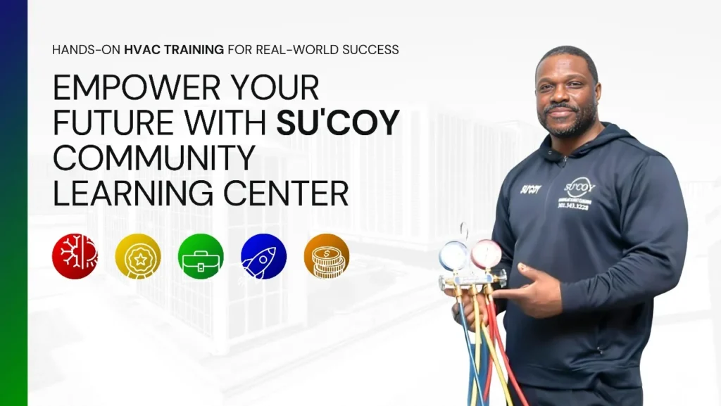 HVAC training at Su'coy Community Learning Center. Instructor with HVAC tools, hands-on training for real-world success in Washington, DC.