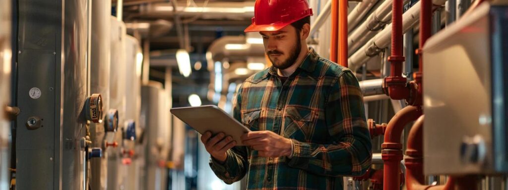 HVAC technician with hard hat examining tablet in mechanical room, demonstrating practical skills training.