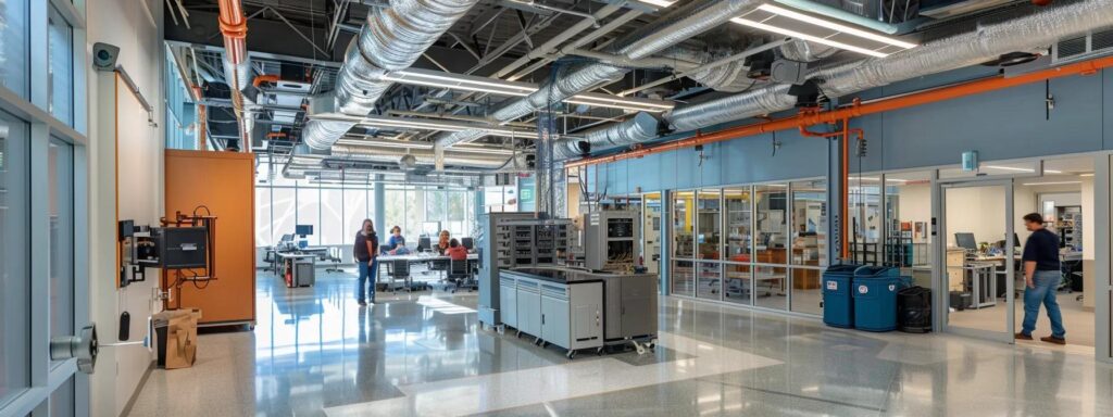 Bright, modern lab space with equipment and people working. The design features exposed ductwork and large windows, creating an open and collaborative environment.