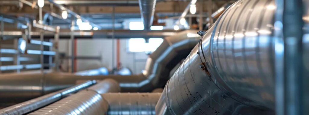 HVAC ductwork in Washington, DC. Industrial ventilation system with metal pipes for air conditioning and heating. Commercial HVAC installation.