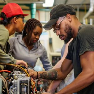 Diverse group of students engaged in hands-on HVAC training, working on equipment in a learning environment.