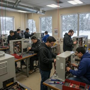 Students actively participating in hands-on HVAC training during a Maryland winter, emphasizing practical skills in a comfortable learning environment