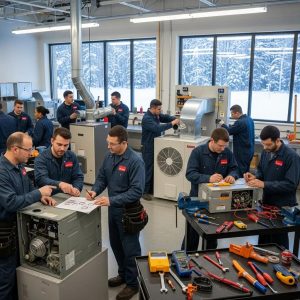 Diverse HVAC students engaged in hands-on winter training, troubleshooting furnaces and boilers for HVAC certification in Temple Hills, Maryland.