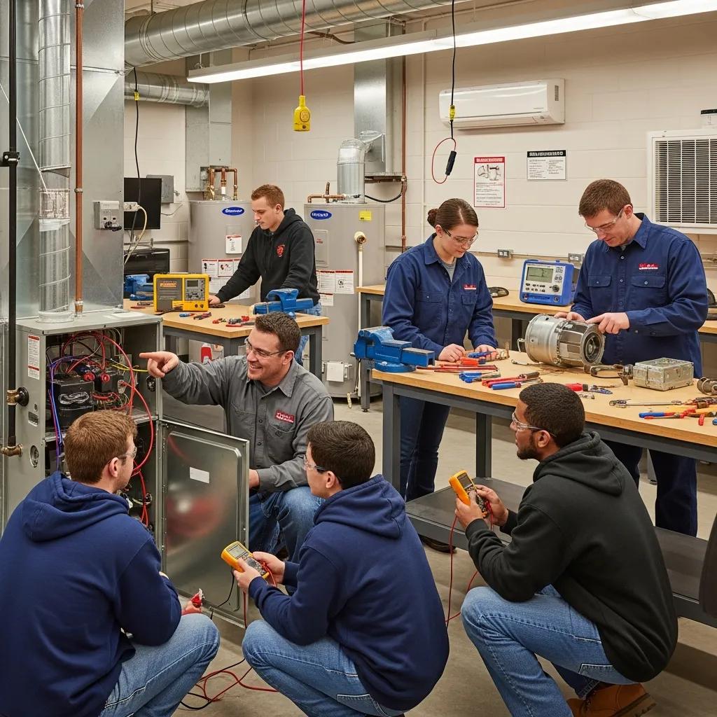 Students engaged in hands-on HVAC training in a winter setting, focusing on heating systems