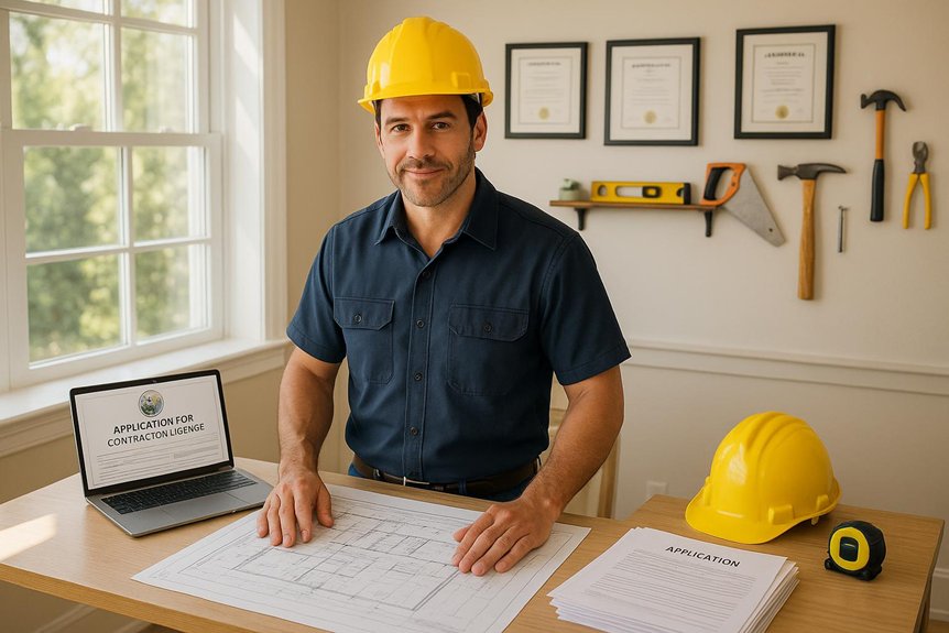 Contractor in Maryland wearing a hard hat with Maryland Home Improvement Contractor (MHIC) License application on a laptop and blueprints.