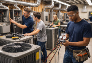 HVAC students learning refrigerant handling and EPA 608 certification prep at Su’Coy CLC.