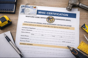 MHIC certification application form and HVAC tools illustrating Maryland home improvement contractor licensing requirements.