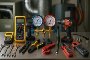 HVAC tools for new technicians: multimeters, gauges, drills, and wrenches for HVAC training.