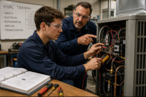 HVAC instructor demonstrating electrical troubleshooting to student in training workshop.