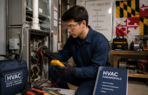 HVAC student working on equipment, Maryland flag in background, Su’Coy CLC training.