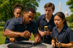 HVAC students in uniform learning hands-on skills with tools and equipment in Temple Hills, Maryland.