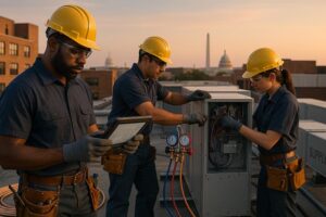 HVAC technicians working on rooftop unit with Washington, DC skyline and equipment, preparing for HVAC careers.