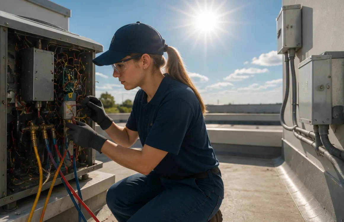HVAC student inspecting air conditioning unit, hands-on training for HVAC careers in Temple Hills.