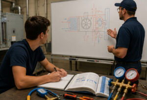 HVAC student learning about system schematics from instructor at Su’Coy CLC.