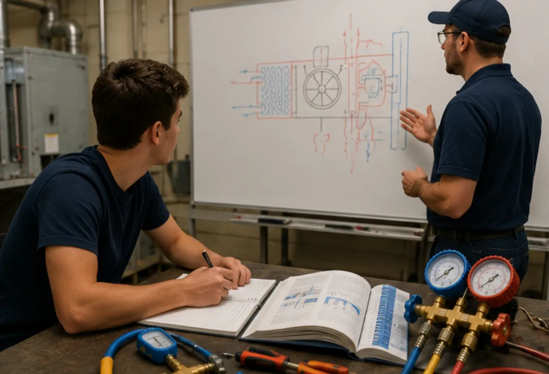 HVAC student learning from instructor, reviewing system diagram and tools for hands-on training at Su’Coy CLC in Temple Hills.